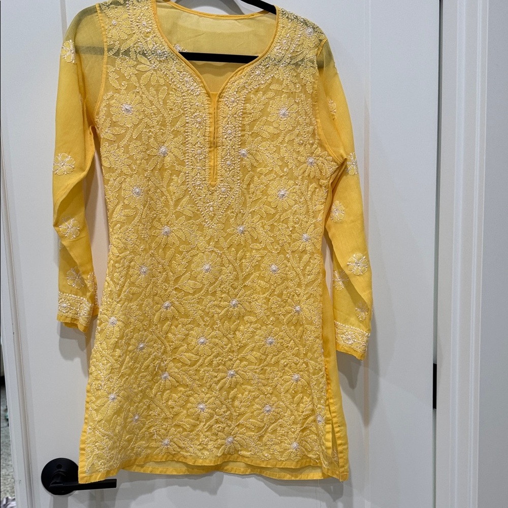 Bright yellow chikankari embroidered kurti top from India
